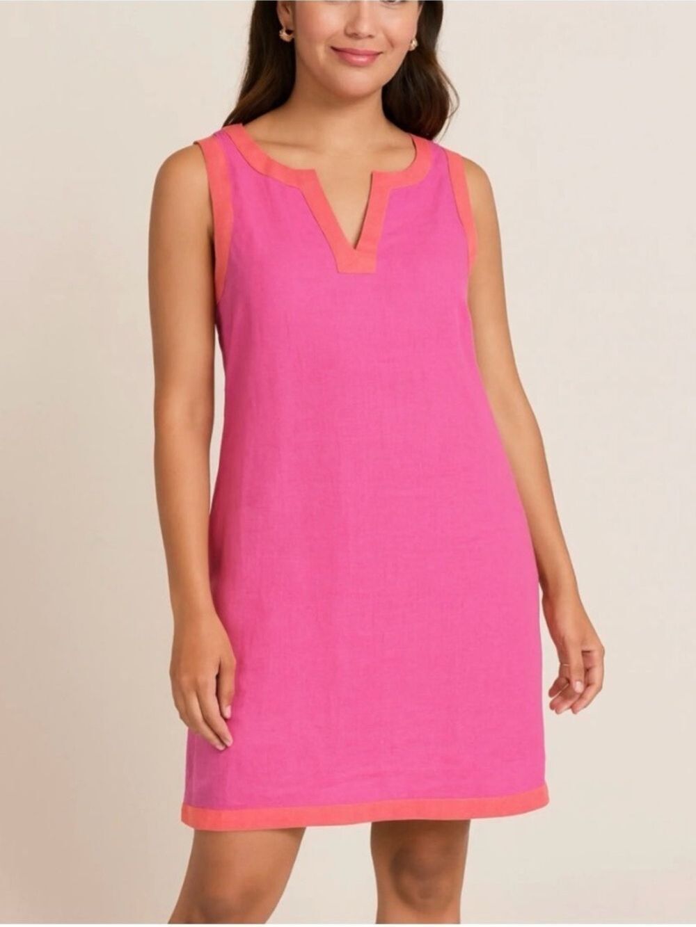 SIGRID OLSEN 100% Linen Sleeveless Shift Dress Pink w/ Orange trim Womens Lg